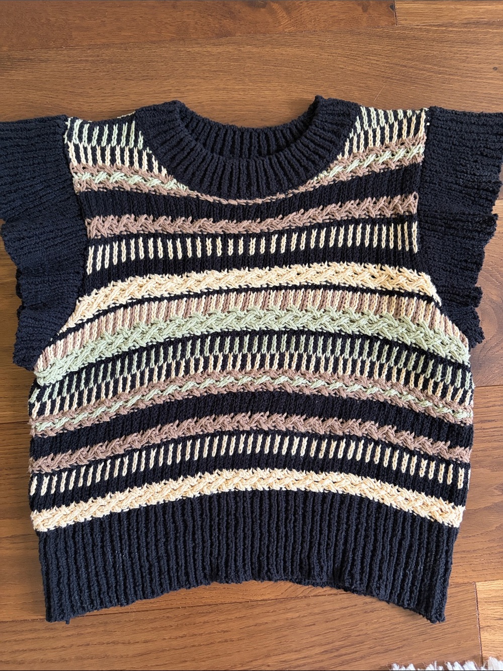 Elan Navy Knit Short Sleeve Stripe Sweater with Cream, Pink & Sage Accents NWOT